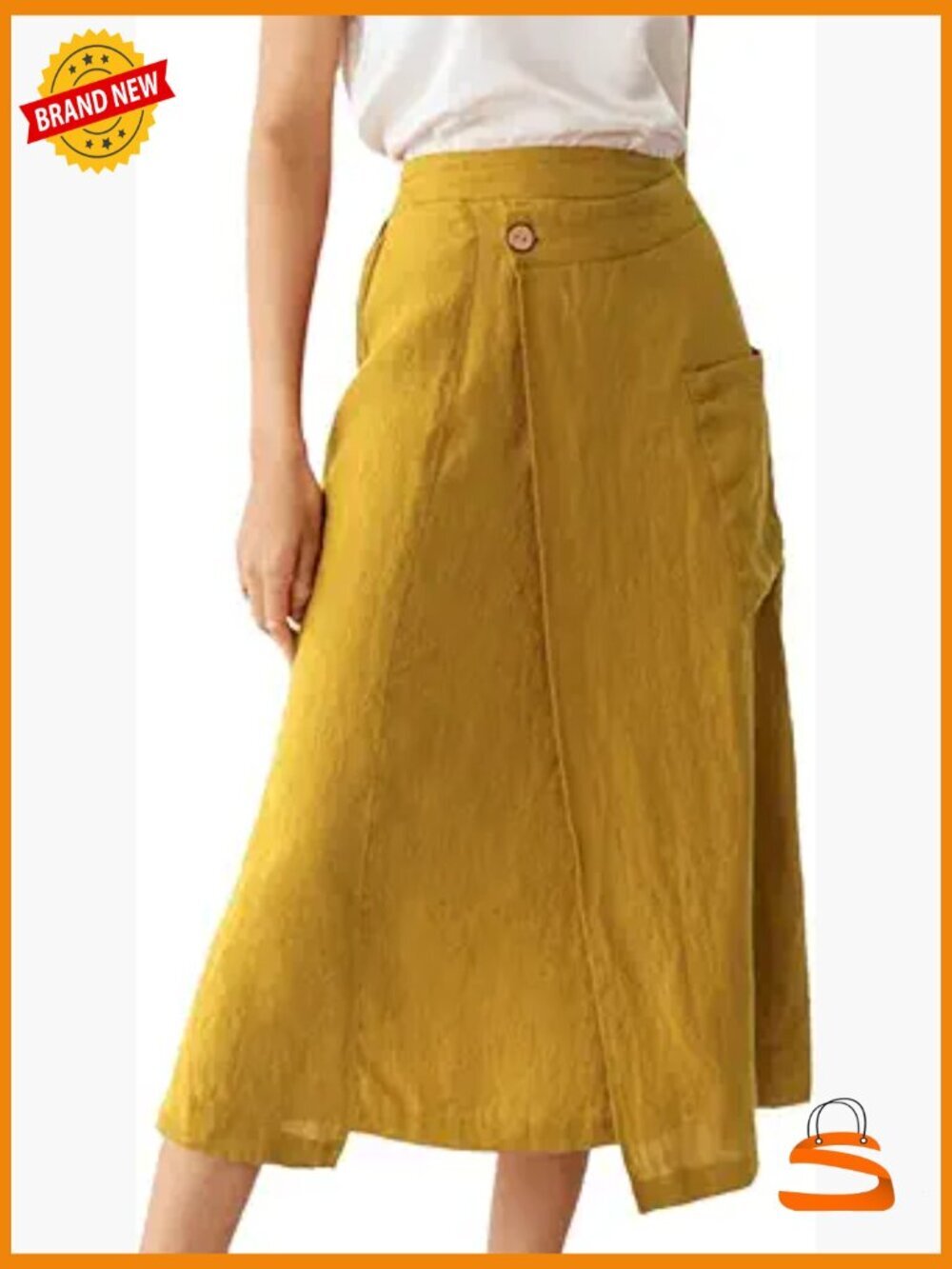 Linen High Waisted A-Line Midi Skirt with Pockets